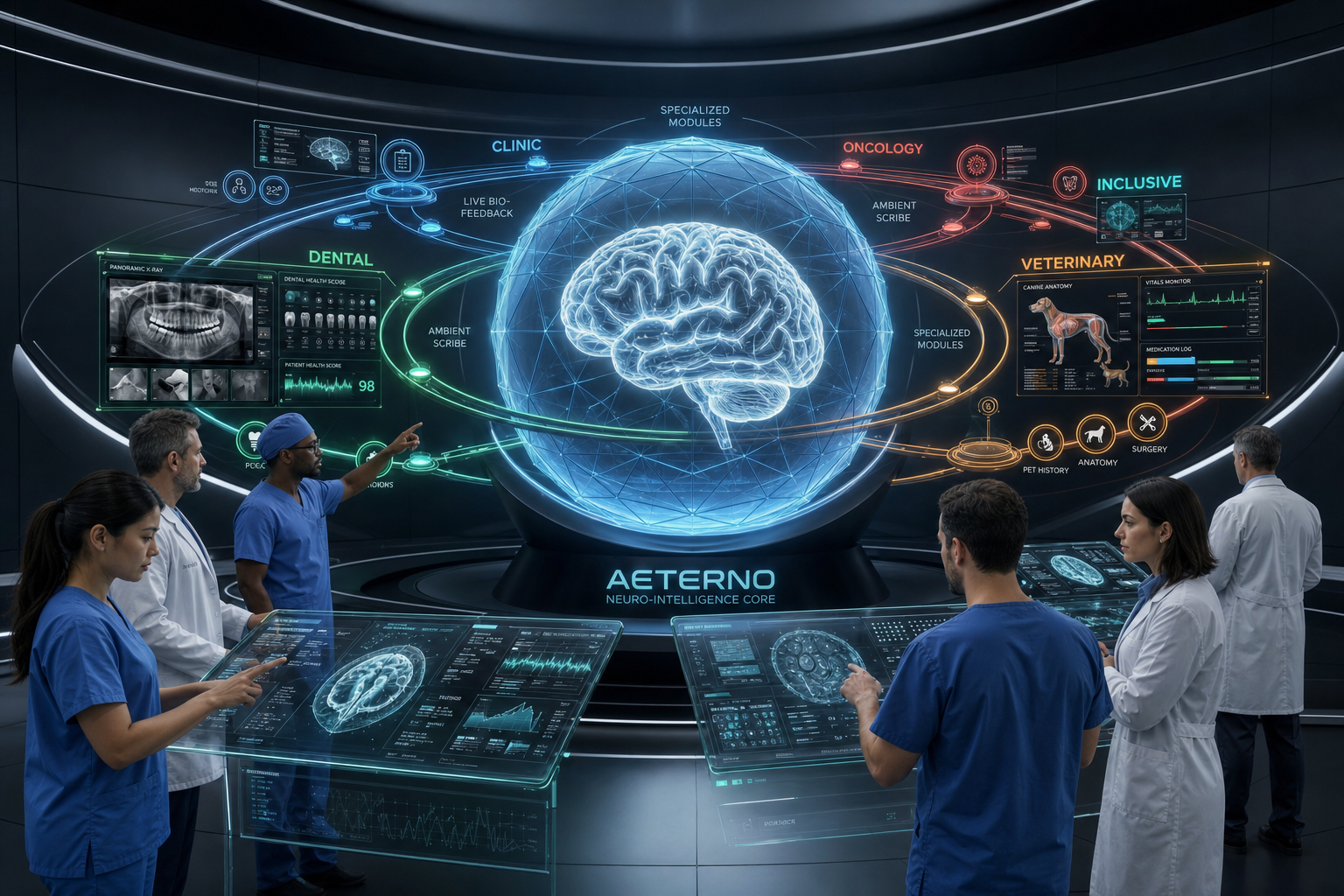 AETERNO Neuro-Intelligence Core with clinicians and module orbits